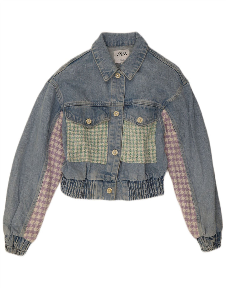 Zara Damen Crop Denim Jacke UK 10 Small Blue Patchwork