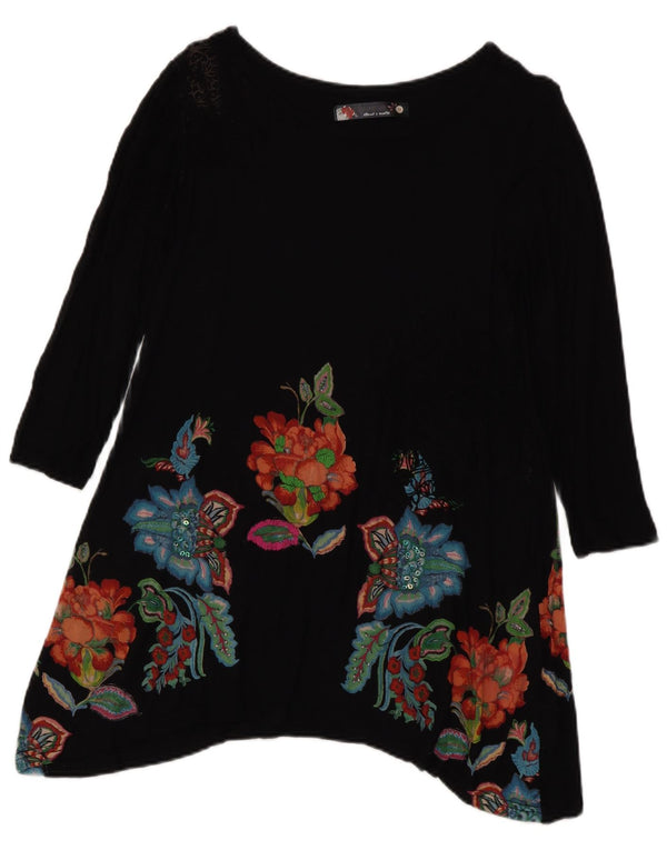 Desigual Dame Langærmet Tunika Top UK 12 Medium Black Floral Bohemian
