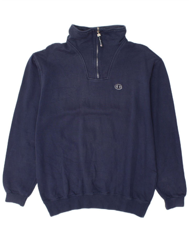 CHAMPION Mens Zip Neck Sweatshirt Jumper Medium Navy Blue Cotton