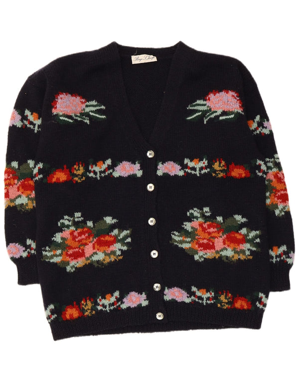 Vintage Mens Cardigan Sweater UK 14 Medium Navy Blue Floral Wool