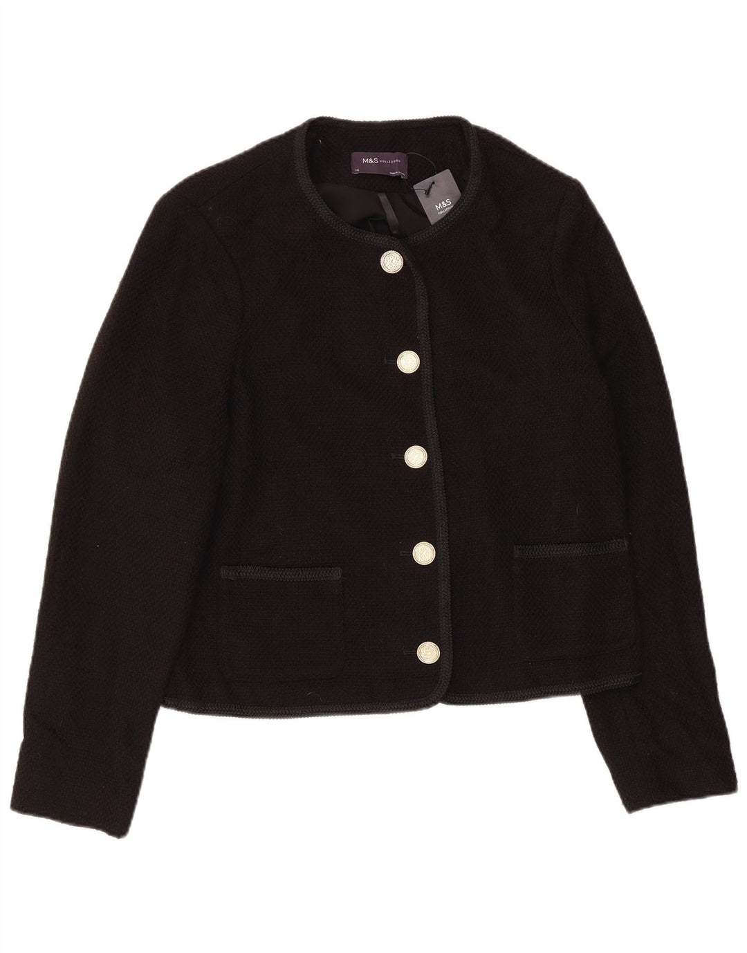Marks & Spencer Womens 5 Button Blazer Jacket UK 14 Large Black Cotton