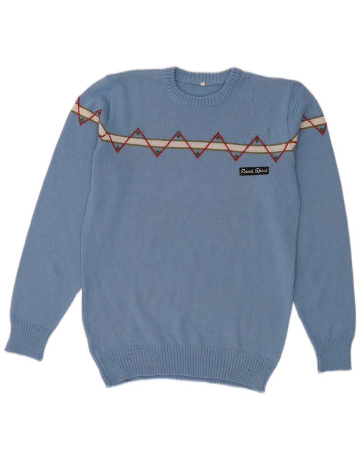 Vintage herre sweater med rund hals, lille blå geometrisk uld