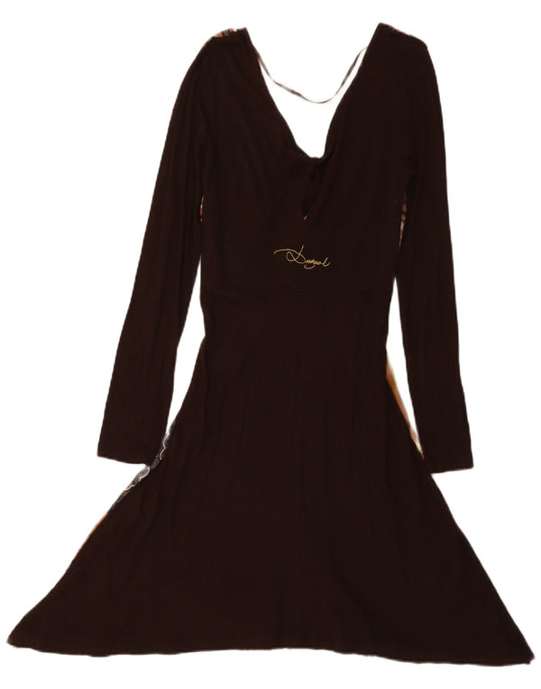 Desigual Womens Graphic Long Sleeve A-Line Dress UK 8 Small Brown Paisley