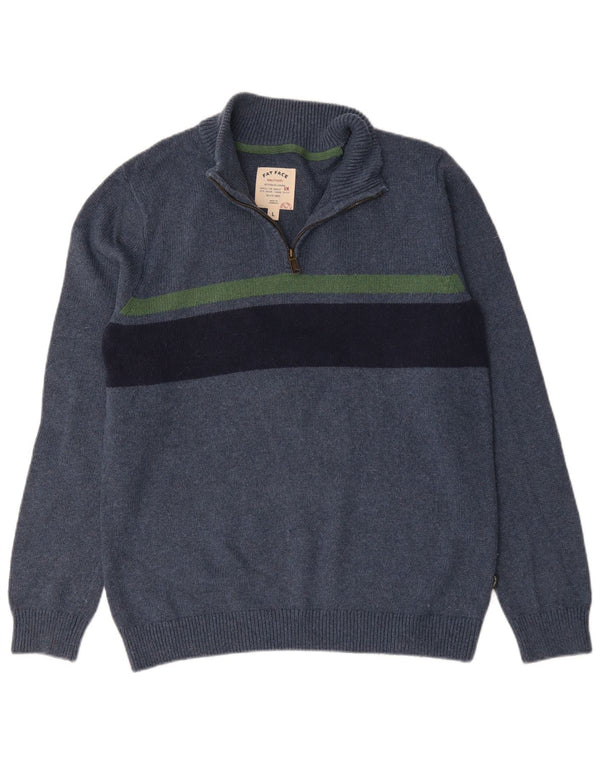 Fat Face Mens Zip Neck Jumper Sweater Large Navy Blue Striped Cotton