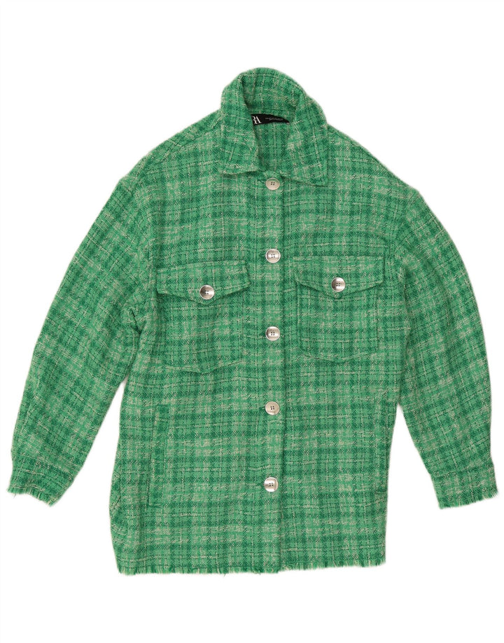 Zara Veste bomber surdimensionnée pour femme UK 6 XS Vert à carreaux en polyester