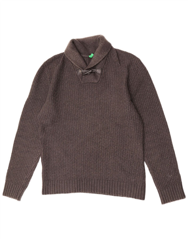 Benetton Mens Shawl Neck Jumper Sweater Large Grey Wool