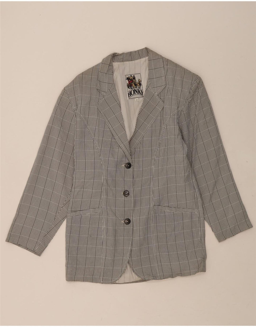 VINTAGE Womens 3 Button Blazer Jacket IT 42 Medium Grey Check Viscose Vintage Vintage and Second-Hand Vintage from Messina Hembry 