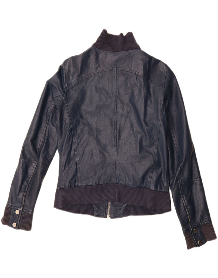 Vintage Womens Crop Leather Jacket IT 44 Medium Navy Blue Leather