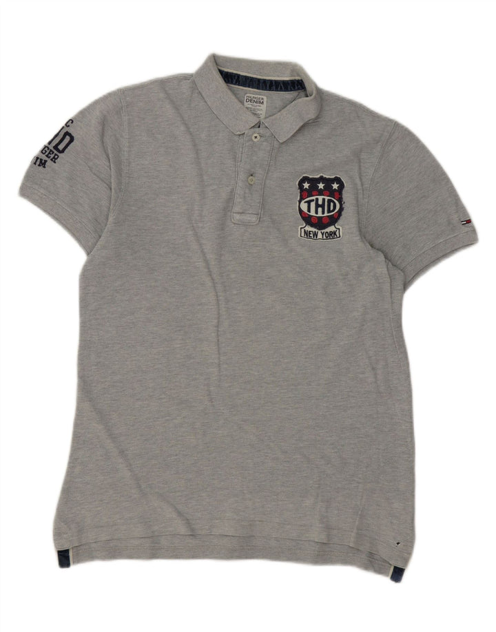 TOMMY HILFIGER Mens Graphic Polo Shirt Medium Grey Cotton Vintage Tommy Hilfiger and Second-Hand Tommy Hilfiger from Messina Hembry 