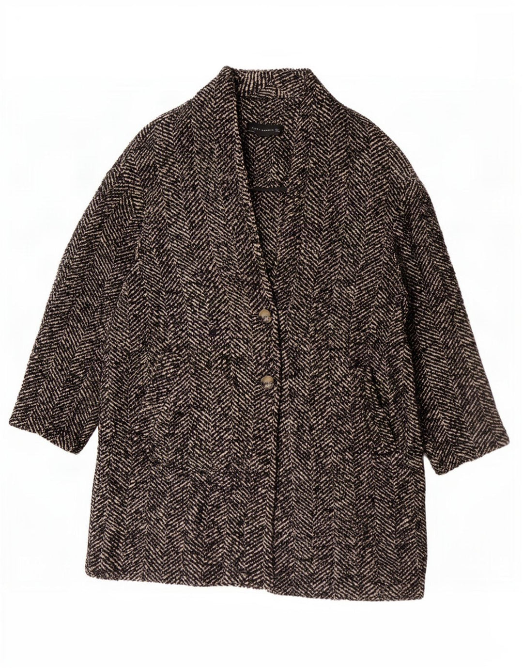 Zara Womens Oversized Overcoat UK 16 Large Brown Herringbone Wool