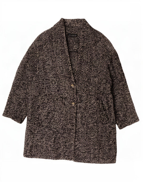 Zara Womens Oversized Overcoat UK 16 Large Brown Herringbone Wool