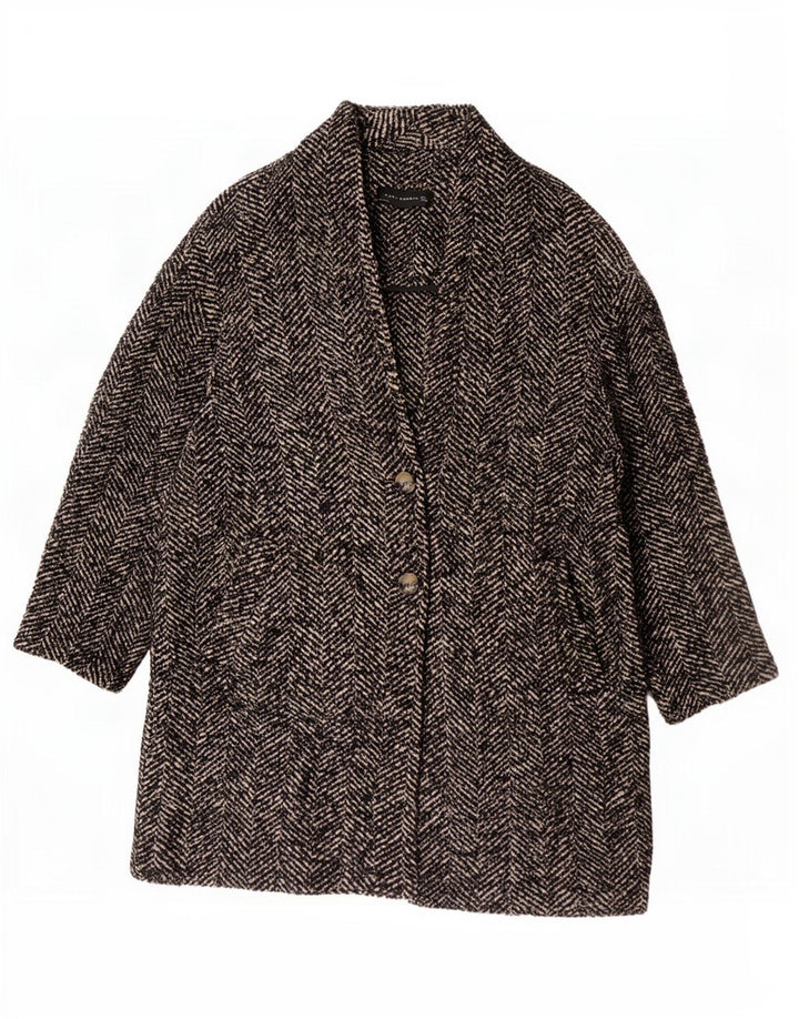 Zara Womens Oversized Overcoat UK 16 Large Brown Herringbone Wool