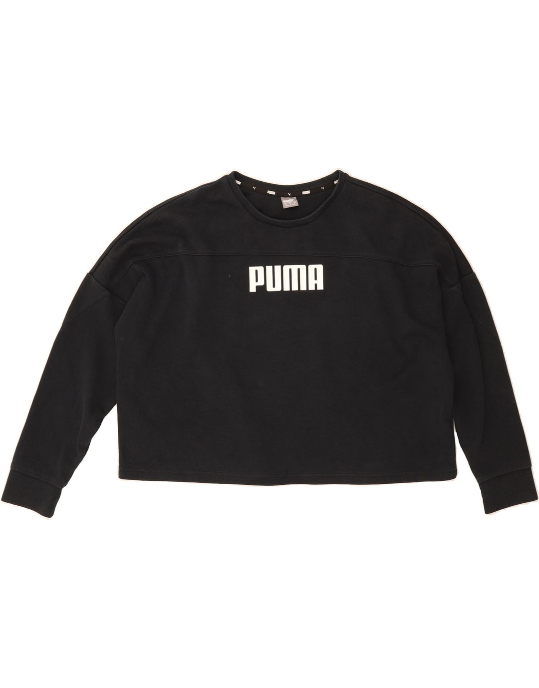 PUMA Womens Crop Oversized Graphic Sweatshirt Jumper UK 14 Medium Black Vintage Puma and Second-Hand Puma from Messina Hembry 