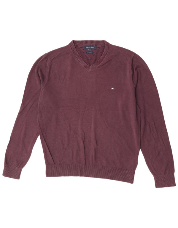Tommy Hilfiger Mens V-Neck Jumper Sweater Large Purple Cotton