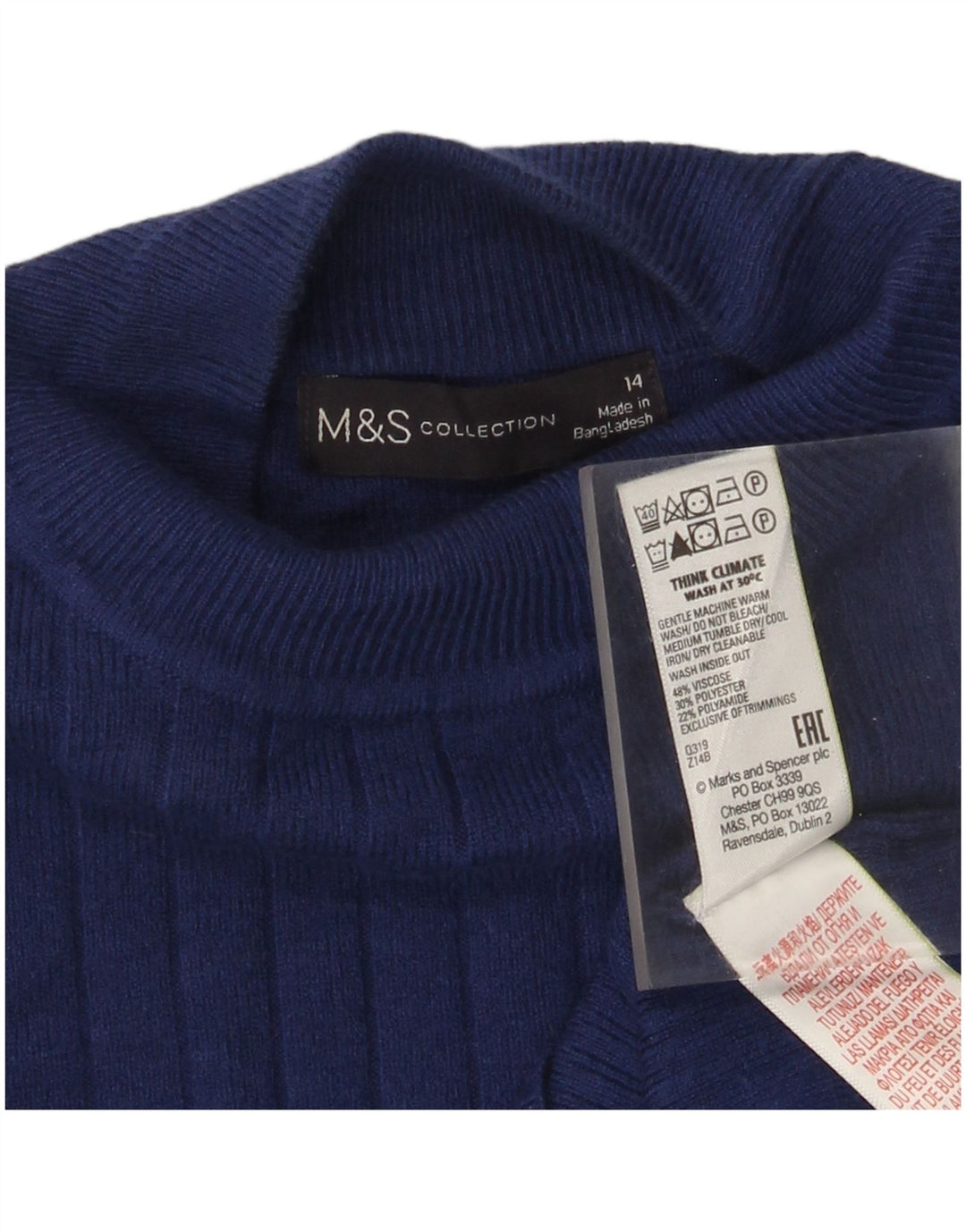 Marks & Spencer Womens Turtle Neck Jumper Sweater UK 14 Medium Blue
