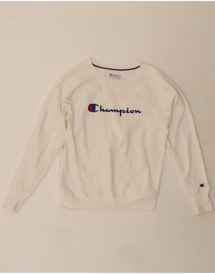 CHAMPION Womens Graphic Sweatshirt Jumper UK 14 Medium White Vintage Champion and Second-Hand Champion from Messina Hembry 