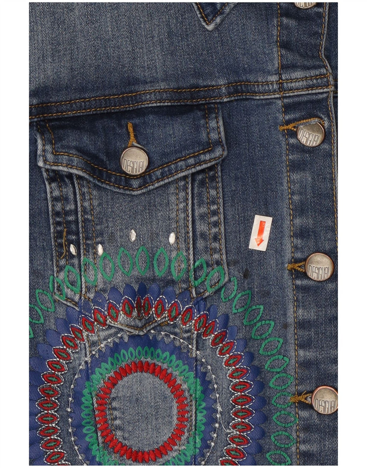 Desigual Womens Graphic Crop Denim Jacket EU 42 Large Blue Polyester