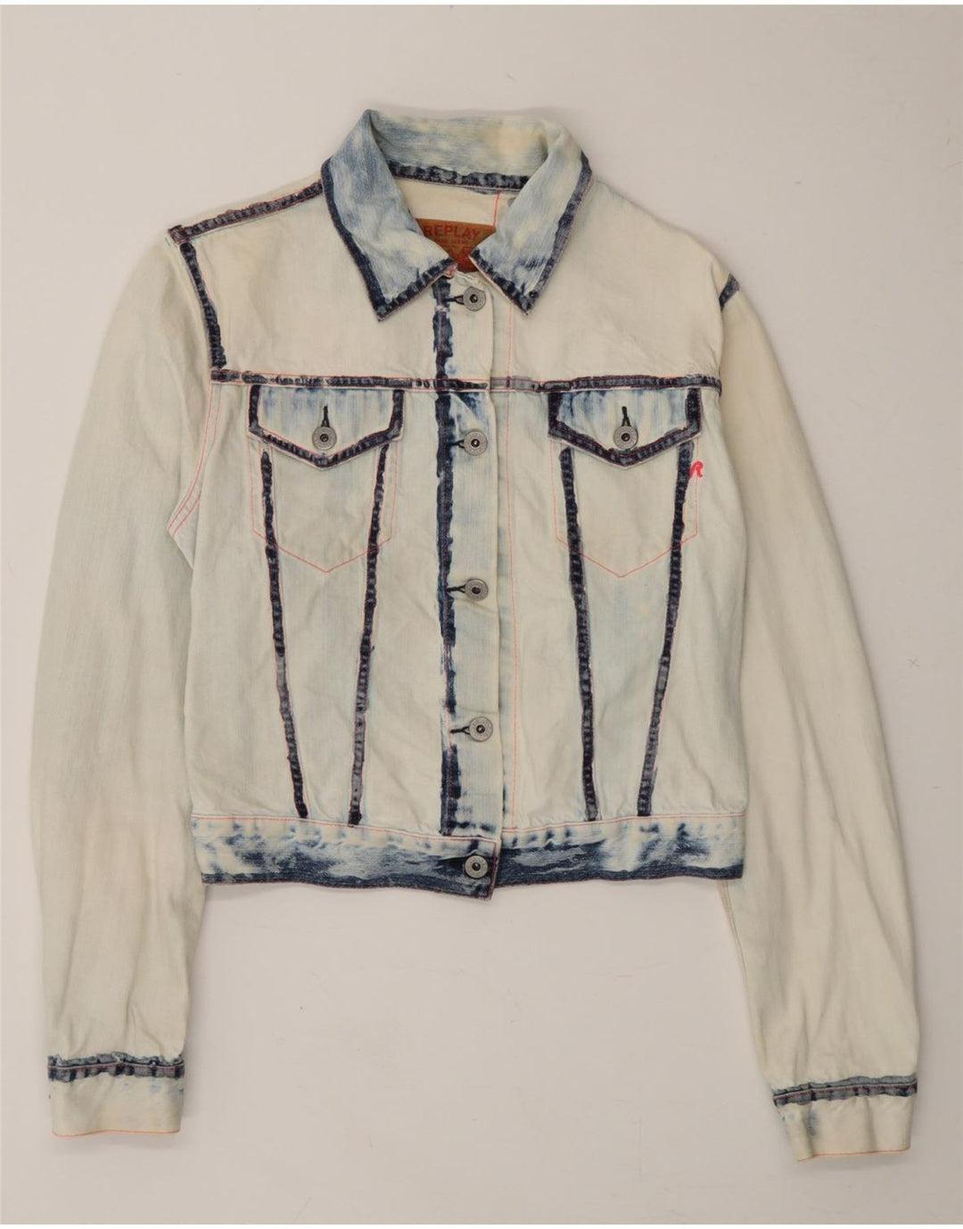 REPLAY Womens Crop Denim Jacket UK 12 Medium White Tie Dye Cotton Vintage Replay and Second-Hand Replay from Messina Hembry 