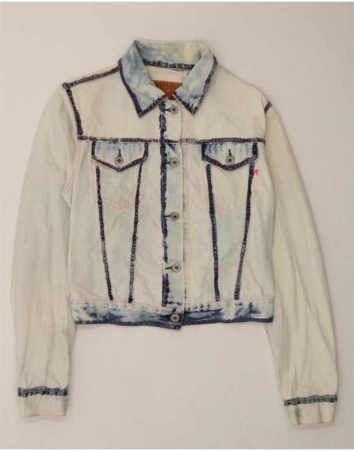 REPLAY Womens Crop Denim Jacket UK 12 Medium White Tie Dye Cotton Vintage Replay and Second-Hand Replay from Messina Hembry 