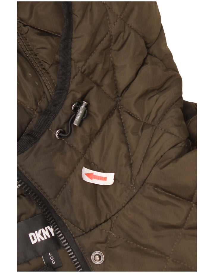 Dkny Womens Hooded Quilted Overcoat UK 16 Large Khaki Polyester
