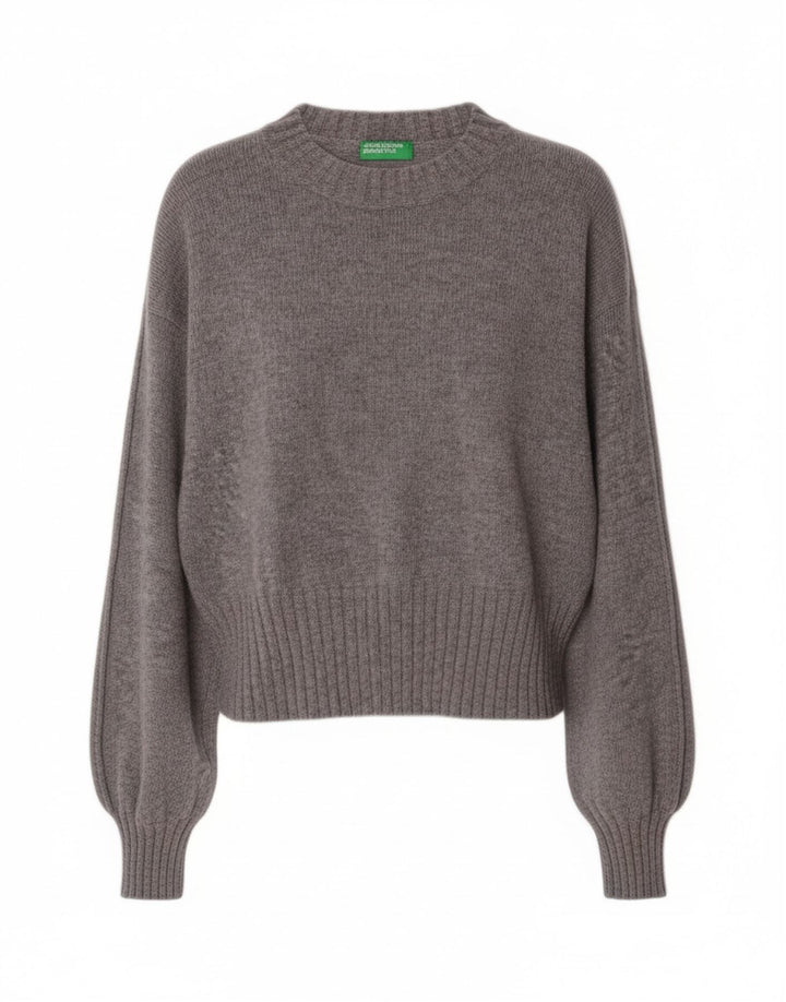 Benetton Womens Crop Boat Neck Jumper Sweater UK 10 Small Grey Wool