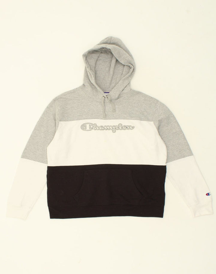 CHAMPION Mens Graphic Hoodie Jumper Medium Grey Colourblock Vintage Champion and Second-Hand Champion from Messina Hembry 