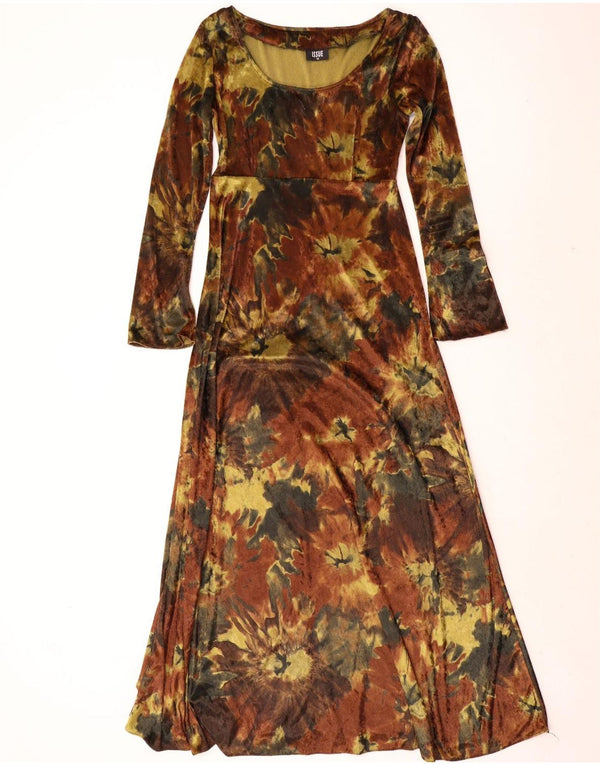 Abito lungo in velluto a maniche lunghe da donna vintage UK 12 Tie Dye marrone medio