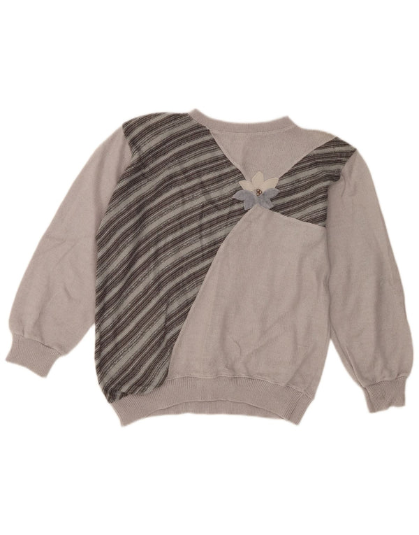 Vintage Damen Pullover mit Rundhalsausschnitt UK 14 Mittelgrau gestreift aus Acryl