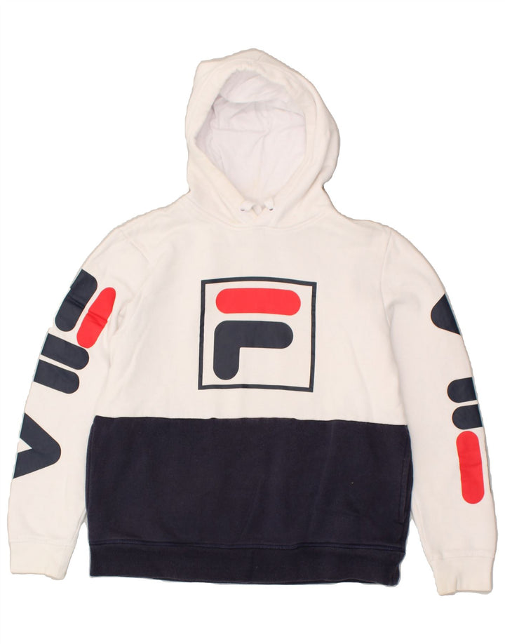 FILA Womens Graphic Hoodie Jumper UK 6 XS White Colourblock Cotton | Vintage Fila | Thrift | Second-Hand Fila | Used Clothing | Messina Hembry 