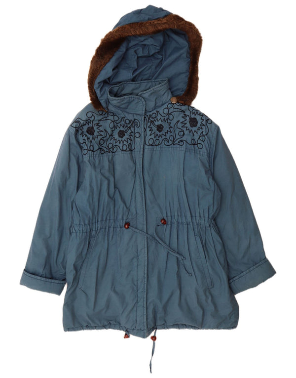 Cappotto vintage da donna oversize con cappuccio e giacca a vento UK 10 piccolo floreale blu