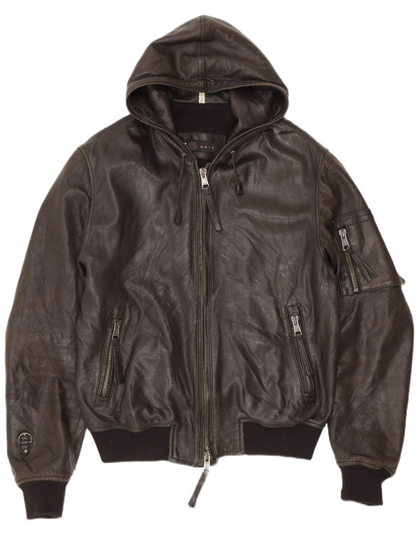 Aria Mens Hooded Leather Bomber Jacket IT 50 Large Black
