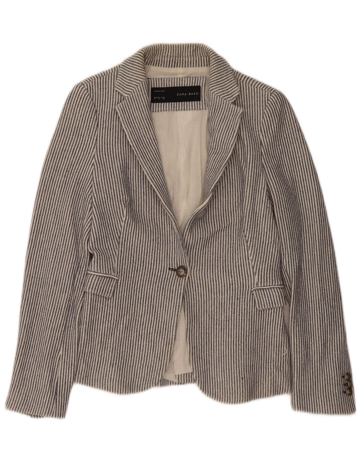Zara Womens 1 Button Blazer Jacket UK 12 Medium Blue Pinstripe Cotton