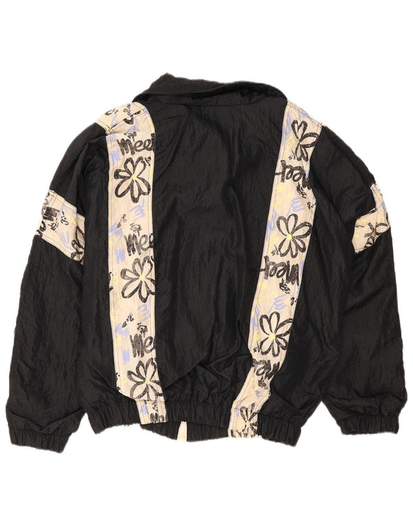 Vintage Mens Loose Fit Tracksuit Top Jacket Medium Black Floral Nylon Retro