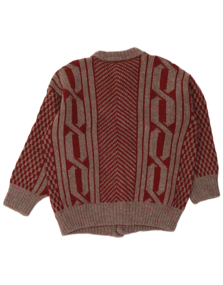 Vintage Mens Cardigan Sweater Medium Burgundy Geometric
