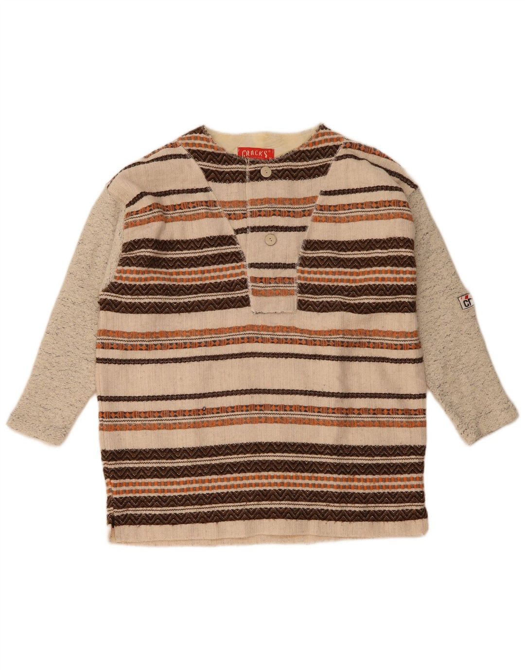 Vintage Mens 3/4 Sleeve Button Neck Jumper Sweater Medium Beige Striped