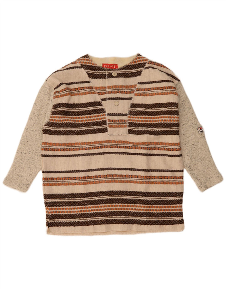 Vintage Mens 3/4 Sleeve Button Neck Jumper Sweater Medium Beige Striped