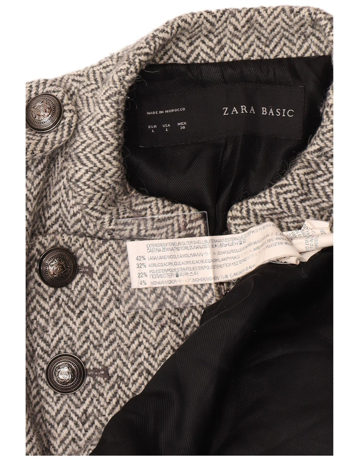 Zara Womens Military Overcoat UK 14 Large Grey Herringbone Wool