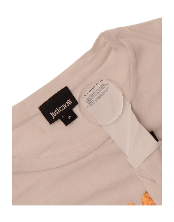 JUST CAVALLI Mens Graphic T-Shirt Top Medium White Cotton Vintage Just Cavalli and Second-Hand Just Cavalli from Messina Hembry 