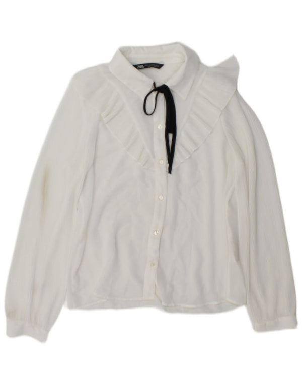 Zara Womens Flæse Front Oversized skjortebluse UK 6 XS Hvid Polyester