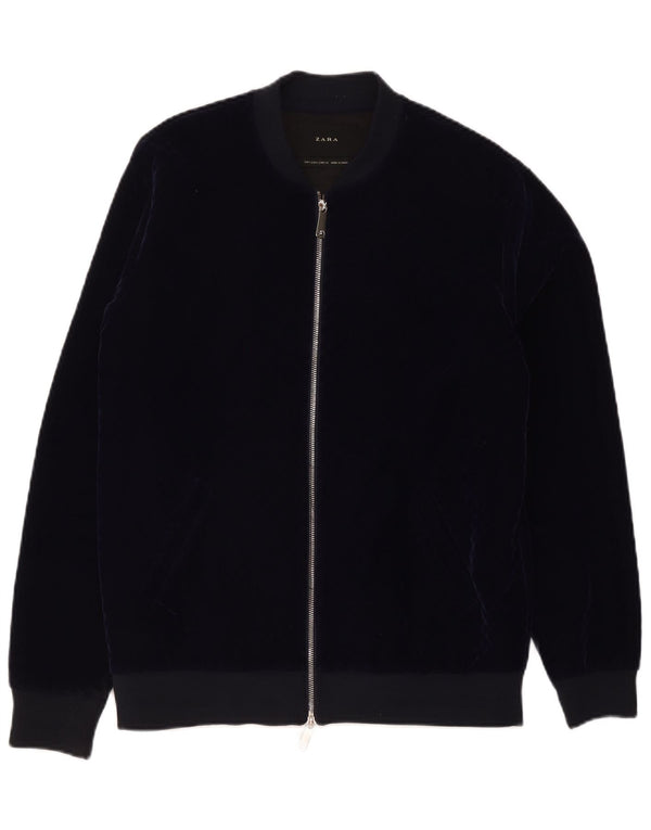 Zara Herre Velour Bomber Jacket UK 40 Large Navy Blue Polyester