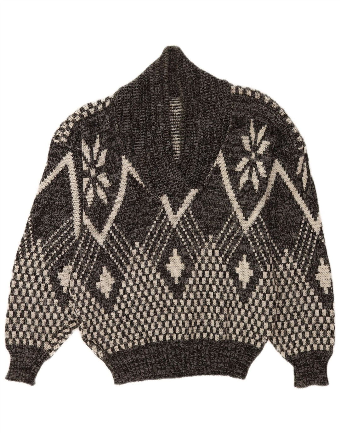 Vintage Mens Shawl Neck Jumper Sweater Medium Grey Geometric