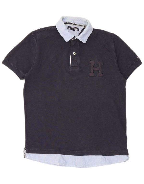 Tommy Hilfiger Mens Graphic Polo Shirt Medium Navy Blue Colourblock Cotton