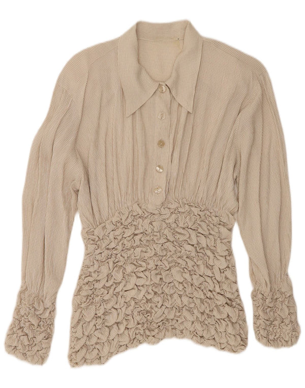 Top camicetta a maniche lunghe da donna vintage UK 10 piccolo acetato a quadri beige