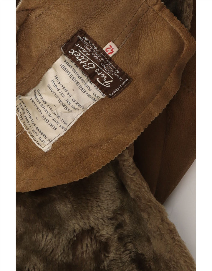 Vintage Womens Shearling Coat EU 42 Large Brown Leather