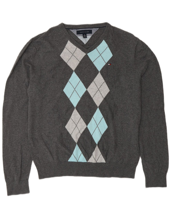 Tommy Hilfiger Mens V-Neck Jumper Sweater Medium Grey Argyle/Diamond Cotton