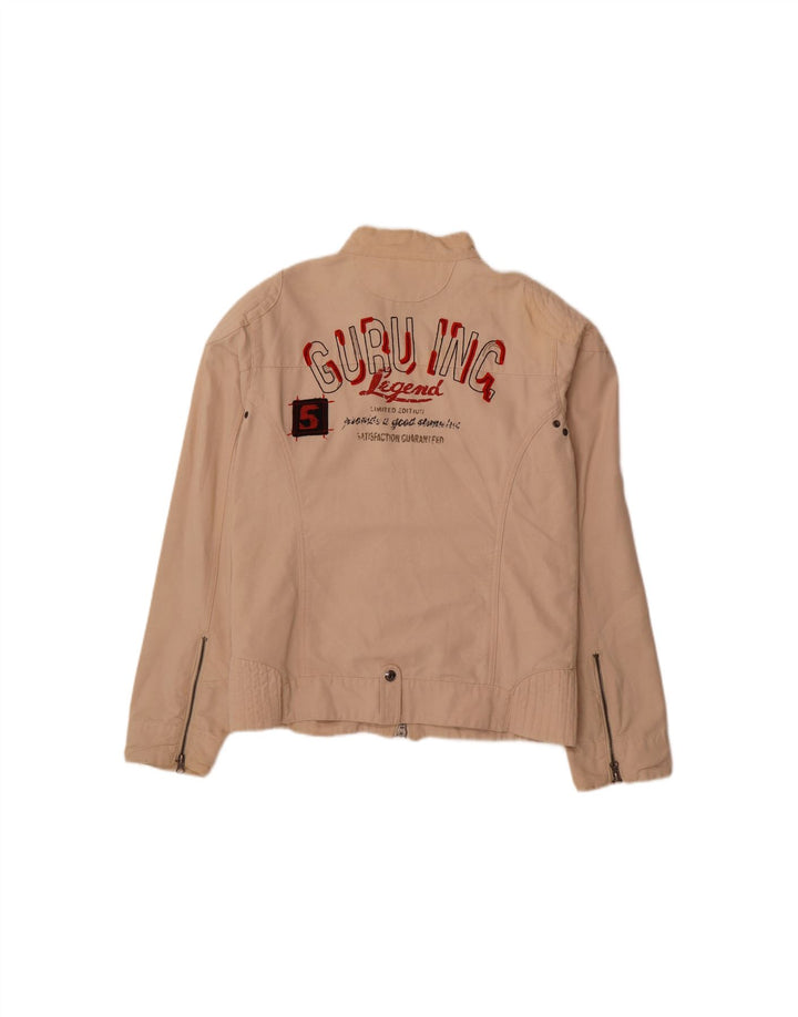 GURU Mens Graphic Bomber Jacket UK 36 Small Beige Cotton Vintage Guru and Second-Hand Guru from Messina Hembry 