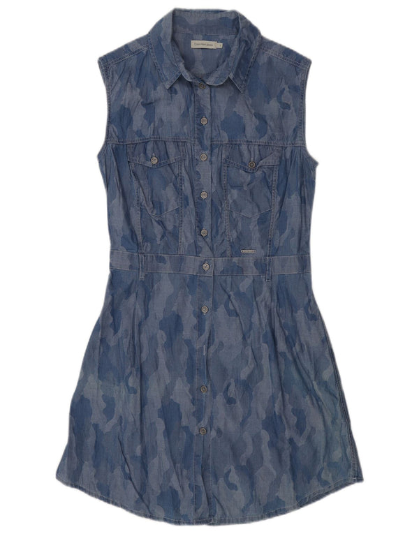 Abito camicia senza maniche da donna Calvin Klein UK 10 Small Blue Camouflage