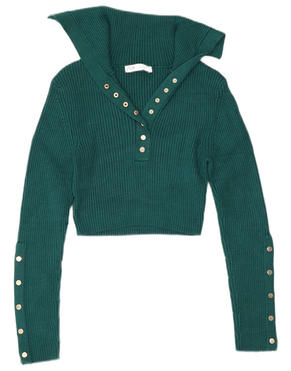 Maglione corto con collo alto da donna Zara UK 12 Viscosa verde medio
