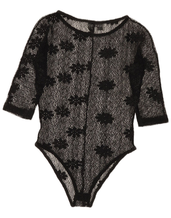Vintage Damen Durchsichtiger Spitzen-Body IT 42 Mittelschwarz geblümt