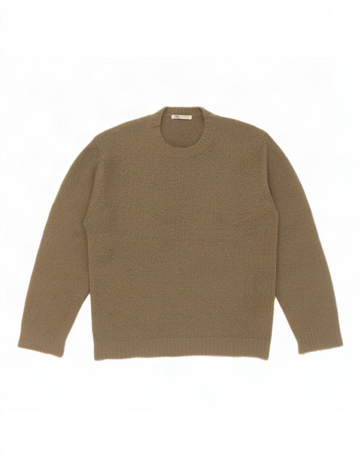 Zara Homme Pull Col Ras Du Cou Acrylique Kaki Moyen